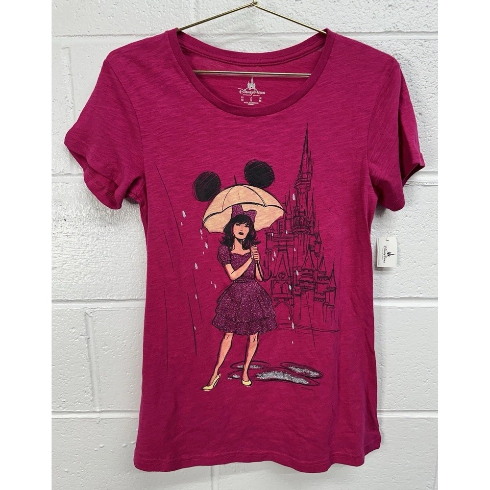 Disney Parks Minnie Umbrella Girl with Glitter Pink/Red T-Shirt‎ / Women's Small